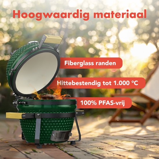 KitchenBrothers Kamado BBQ - PFAS Vrij - 13 Inch Houtskool Barbecue - 27⌀ cm - Deluxe Set - Egg BBQ met Accessoires inclusief Hoes - Groen van Merkloos — afbeelding 3