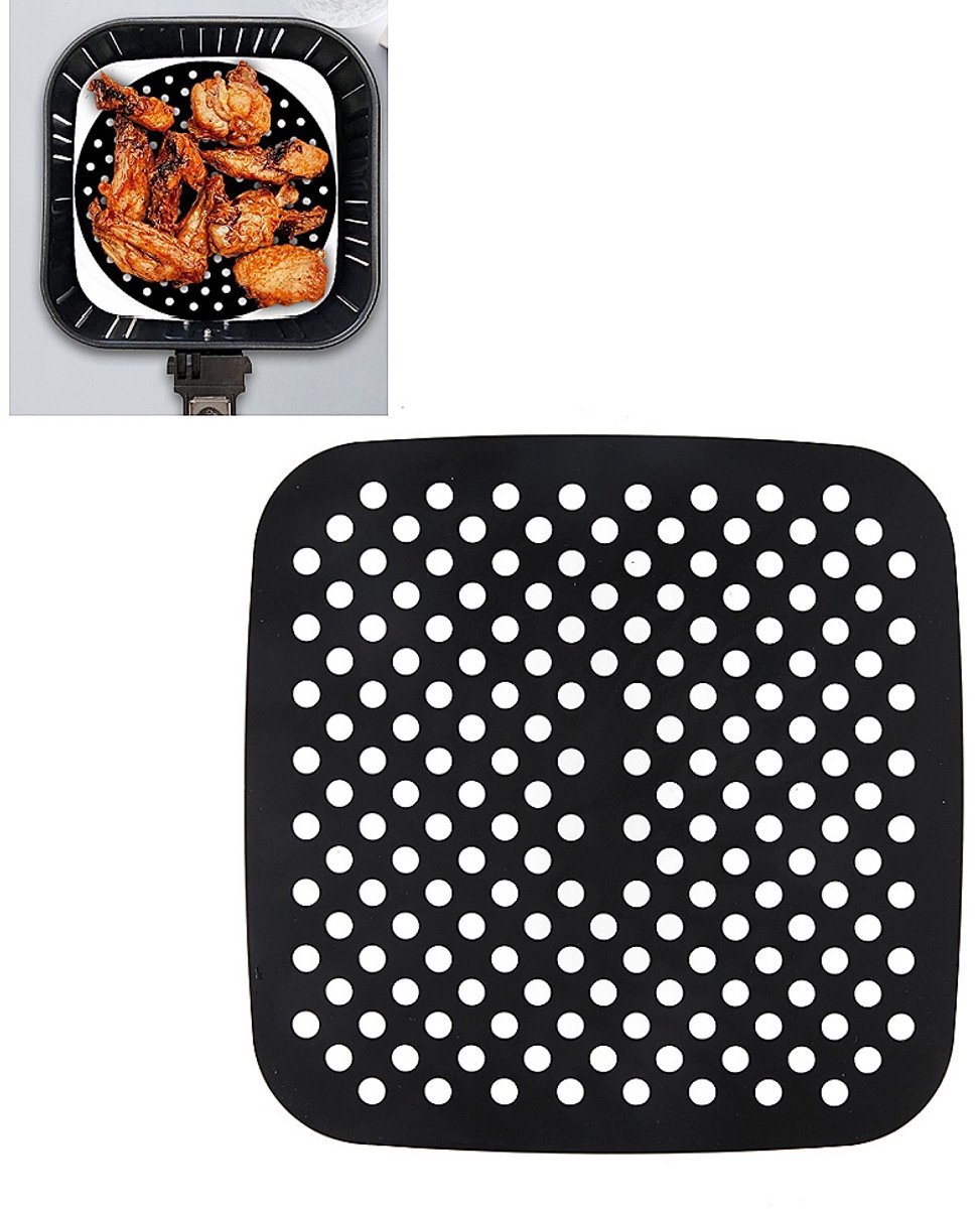 1 stuk Zwarte vierkante Airfryermat - Antiaanbaklaag voor eenvoudig schoonmaken - Kookmat - Hittebestendige bakmat - 190*190*1,4 mm - Geschikt voor koken en bakken in de Airfryer thuis - Zwart.