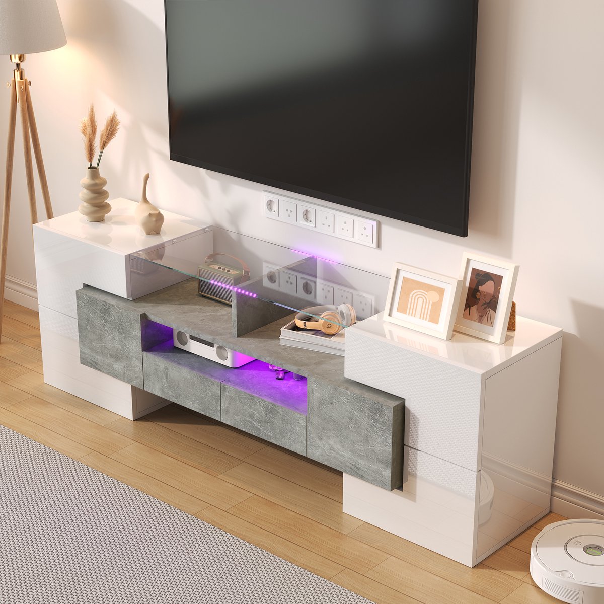 REDOM TV-meubel 145x30x51 cm van MDF-hout en glas, met opbergruimte en LED-verlichting, hoogglans wit
