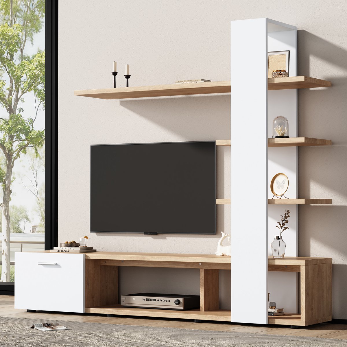 REDOM TV-meubel 180x33.5x151.5 cm van spaanplaat, modern minimalistisch design, met opbergruimte en deur, wit/hout
