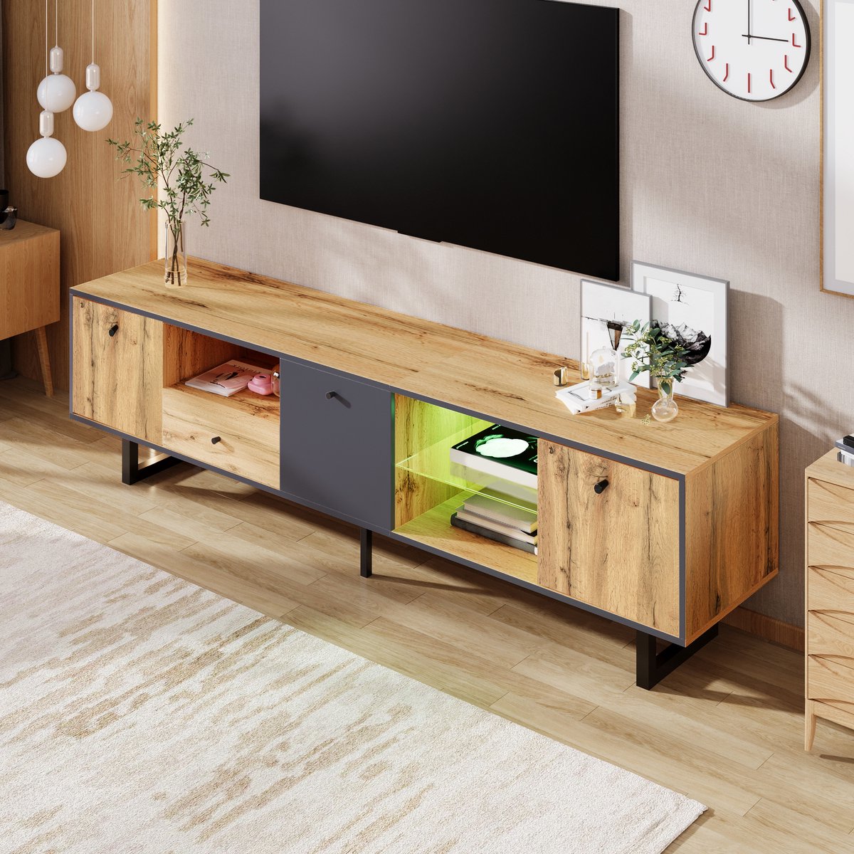Wishdor Tv-Meubel - Met Ledverlichting - Glazen Legplanken - Gedempte Scharnieren - Spaanplaat - Naturel - 190 x 40 x 50 cm Natuurlijk