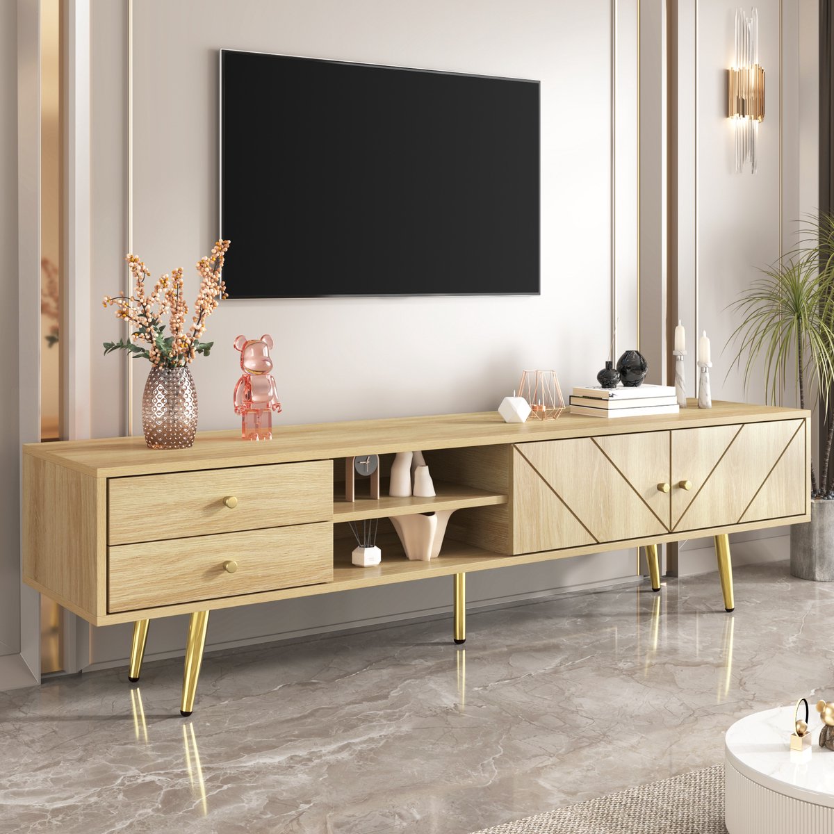 REDOM TV-meubel 160x42x36 cm van MDF en spaanplaat, modern met schuine rillendeuren en gou
