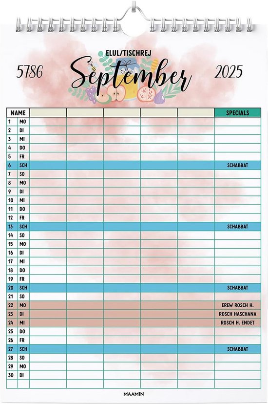 Joodse Wandkalender 5786 (2025-2026) – Minimalistisch Design, Beschrijfbaar, Met Alle Feestdagen En Paraschot