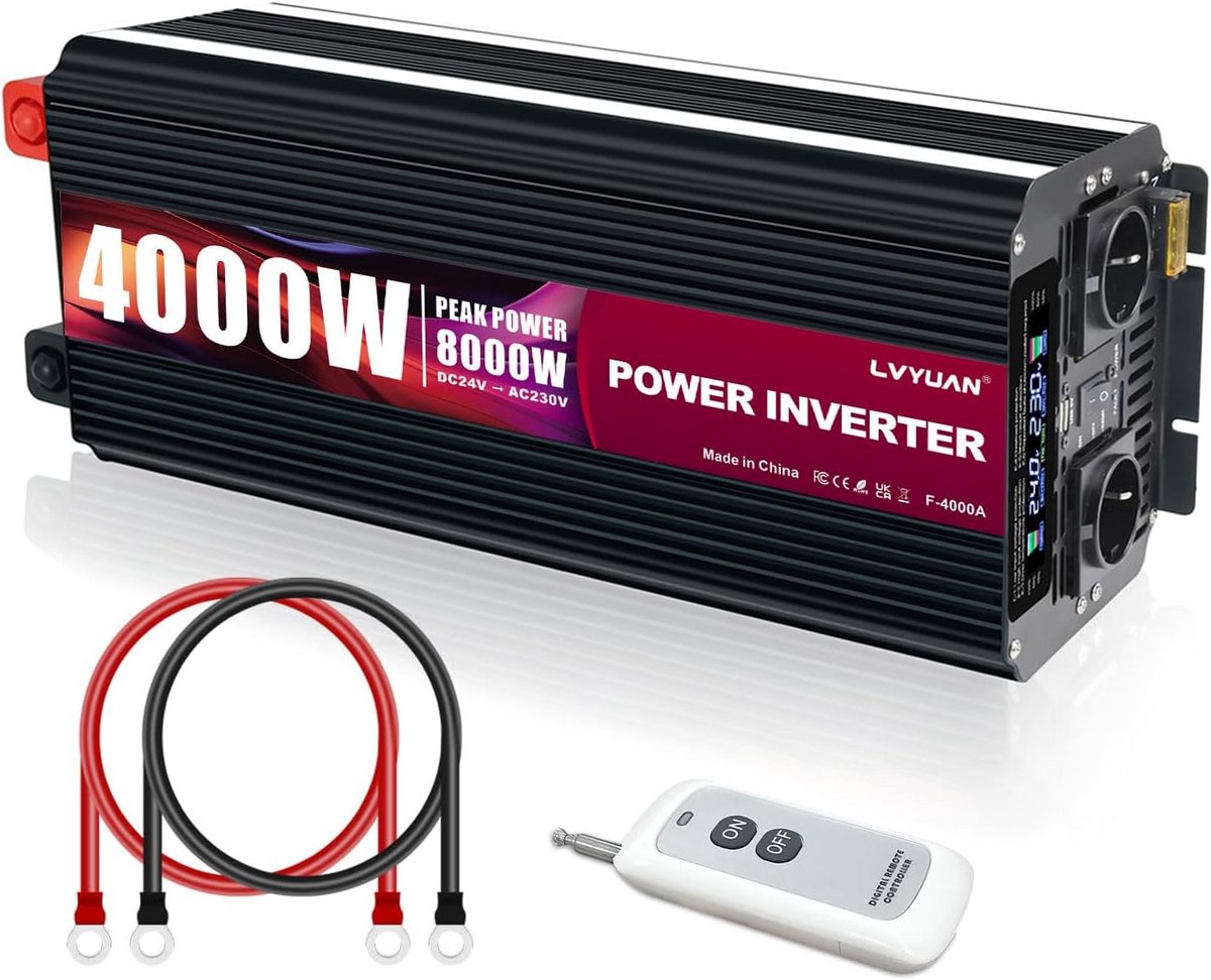 24V naar 220V Omvormer 4000W/8000W met Afstandsbediening, 2 Stopcontacten en USB