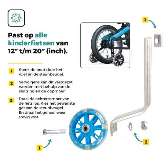 Zijwieltjes voor kinderfietsen van 12-20 inch met blauwe wielen en montageonderdelen.