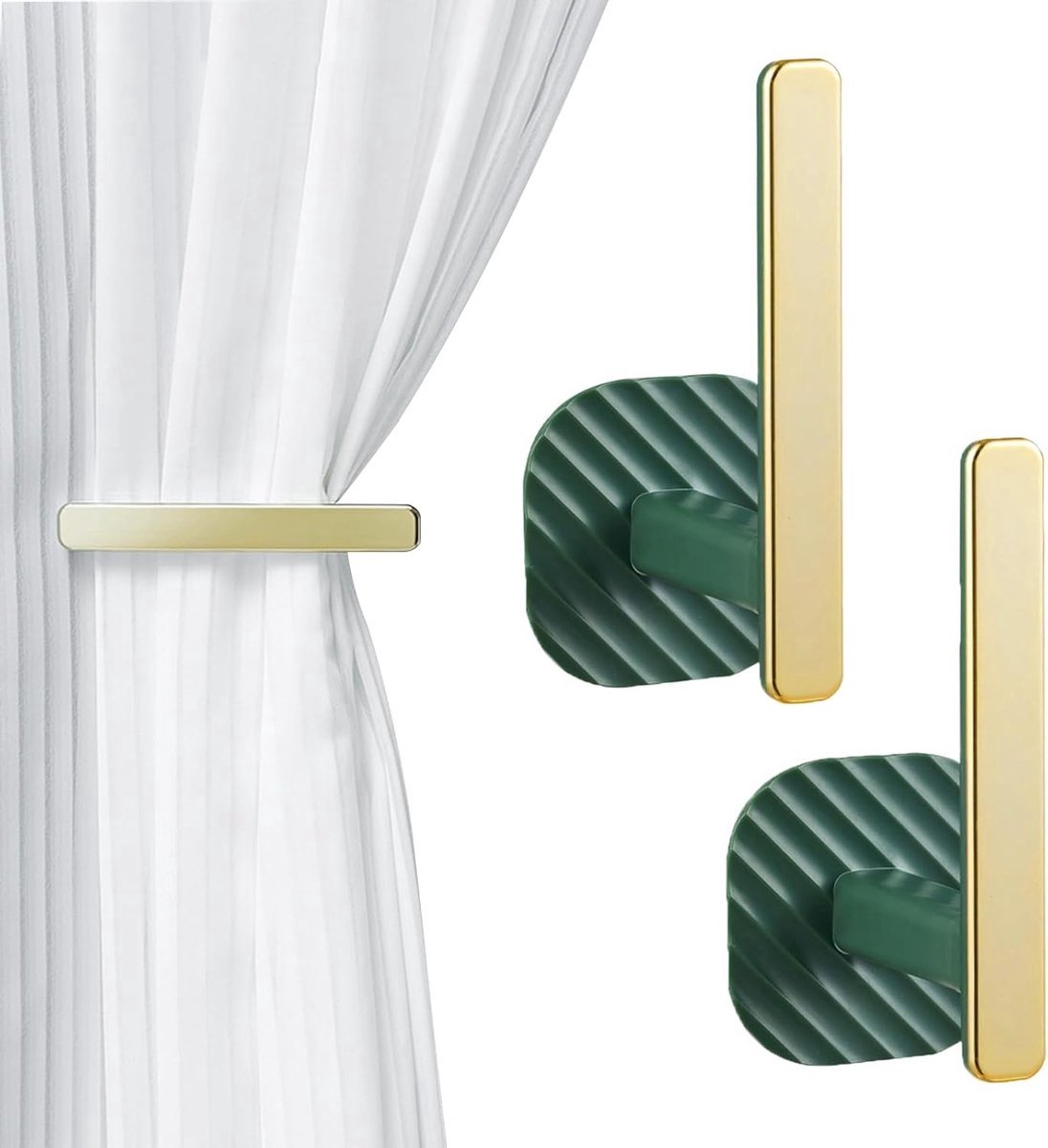 Stunq® Set van 2 gordijnhouders muur, L-vormige zelfklevende gordijnhaken, gordijnhouders voor badkamer, huis, huis, kantoor, gordijnendecoratie (groen)
