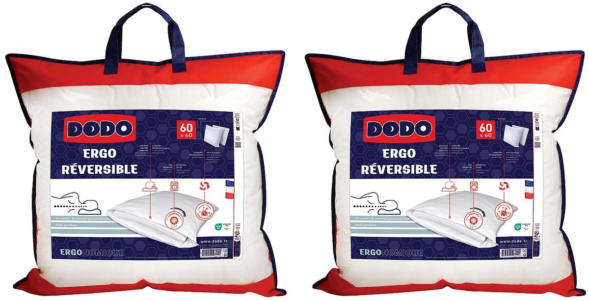 DODO Set van 2 ergonomische hoofdkussens DODO met anti-mijtbehandeling met vormgeheugen - 60 x 60 cm - COEUR ADAPT