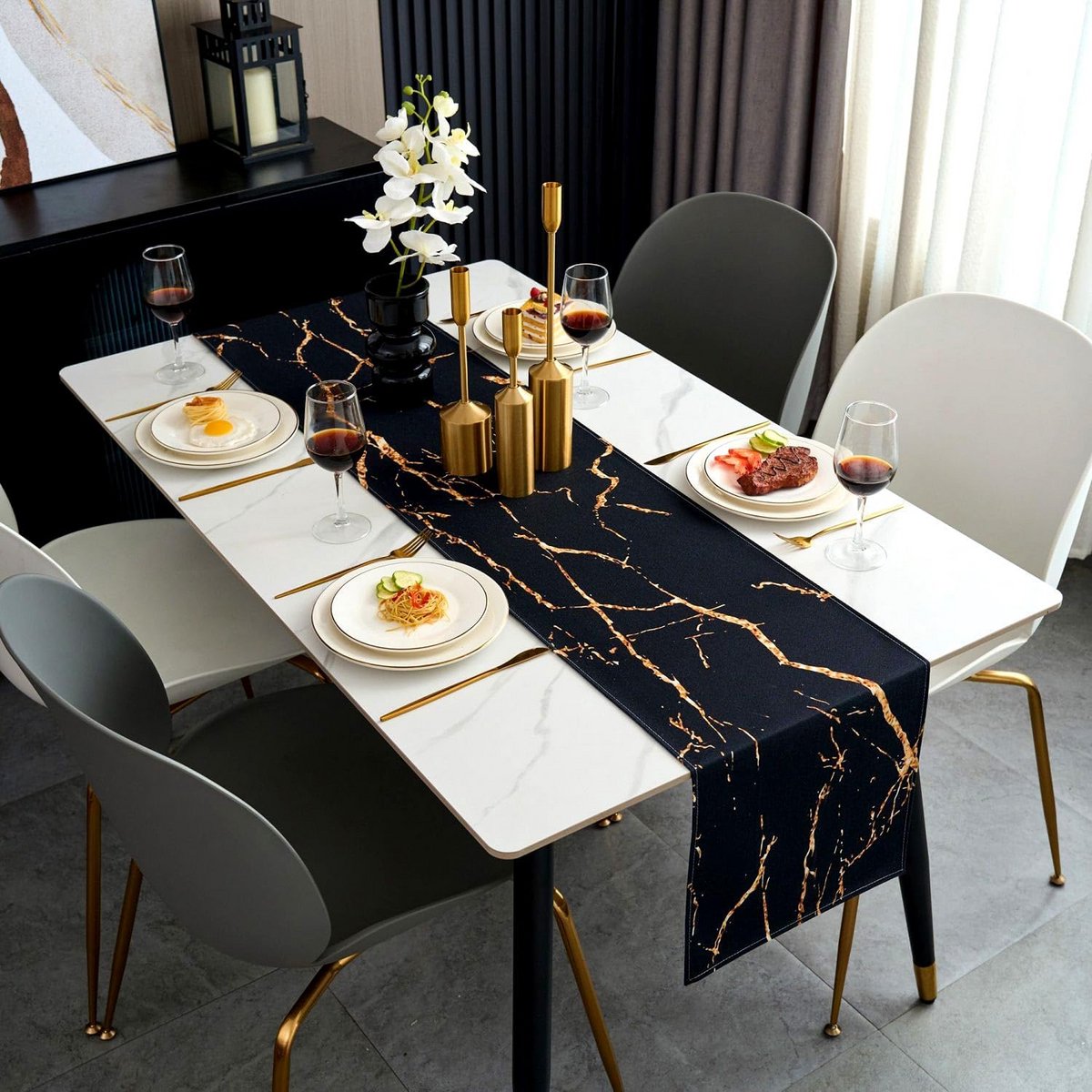 Moderne Tafelloper Zwart en Goud Marmer Look Rechthoekig Linnen Wasbaar Decoratie