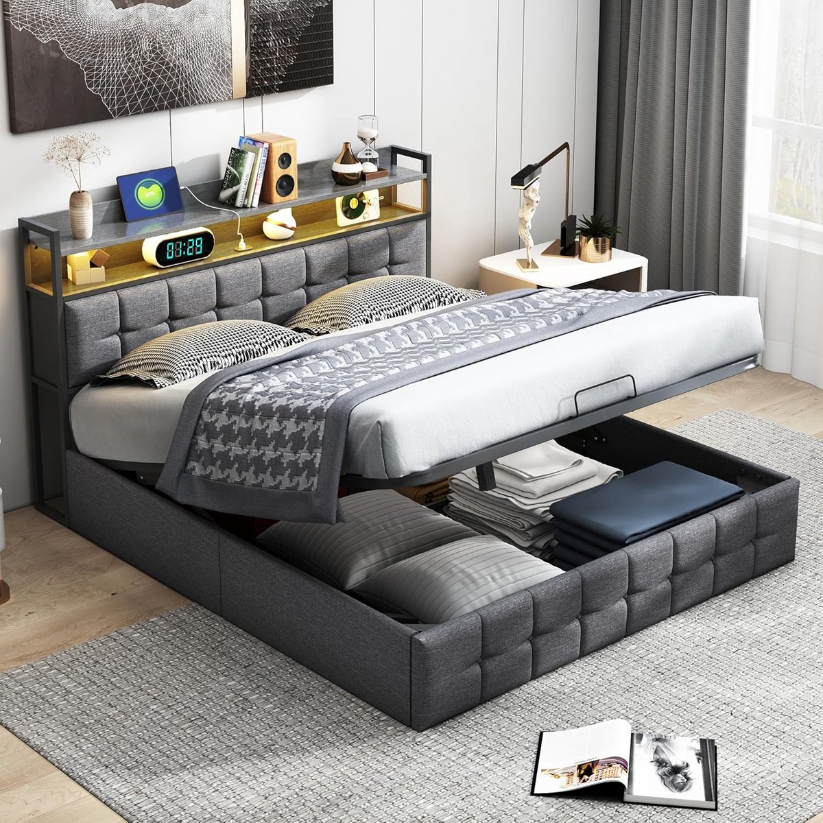 Tweepersoons Opbergbed 160x200cm met LED Verlichting en USB-C Oplaadpunt