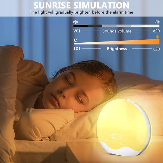 Wake Up Light - Lichtwekker - Digitale wekker - Digitale Wekker met lamp - Nachtlamp - 7 kleuren LED - Gesimuleerde zonsopgang lamp - Bedlamp - Lichttherapielamp - Elektronische tijdsaanduiding - Wekker - Pasen - Wit van Wake-up Light — afbeelding 5