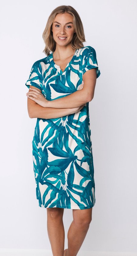 NACHILA Nachthemden für Damen, Viskose aus Bambus, V-Ausschnitt, kurzärmelig, Schlafshirt, kühles Schlafkleid, G-Ink Blue/Charcoal Heather, Small