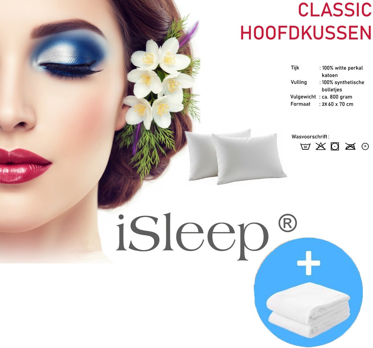 iSleep Classic Hoofdkussen Set (2 Hoofdkussens + 2 Moltonslopen) - Puntkussen - 60x70 cm