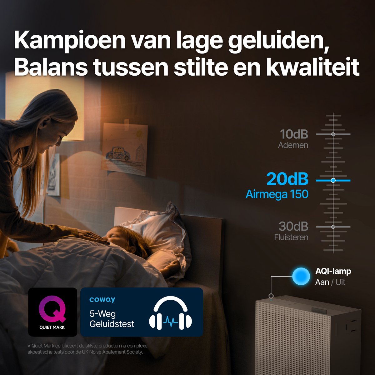 Coway Airmega 150 Luchtreiniger - Air Purifier - 281 m³/u - Wasbaar pre-filter + HEPA filter + koolstoffilter - Verwijdert tot 99,97% van ultrafijne deeltjes - Tegen stof, pollen en allergenen - Fluisterstil (20 dB) - ECARF & Quiet Mark - Wit — afbeelding 2