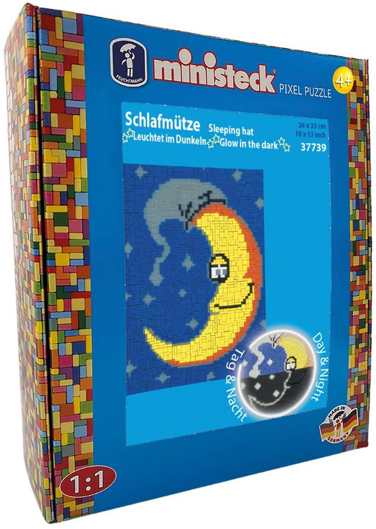 Ministeck pixelpuzzel van een slapende maan met gezicht, sterren en de tekst "Schlafmütze" en "Glow in the dark".