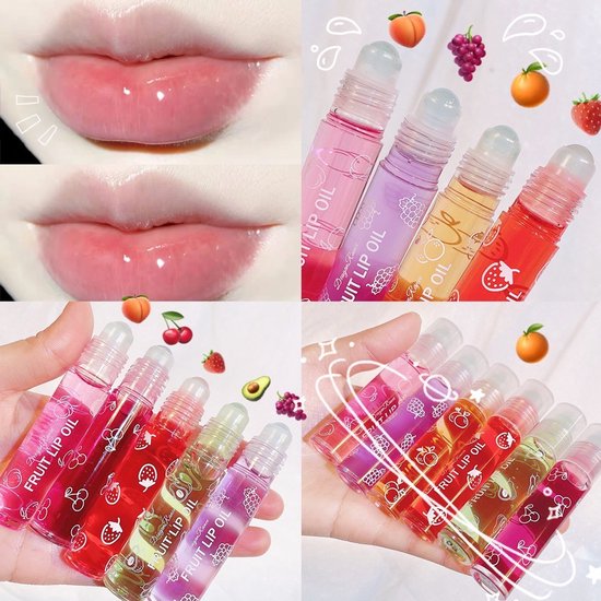 Twee close-ups van lippen. De bovenste toont natuurlijke lippen, de onderste toont volle, glanzende lippen met de roll-on lipolie.