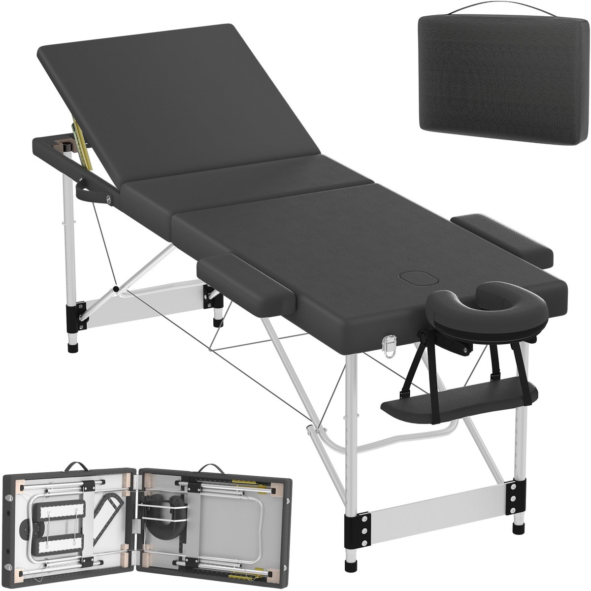 Aufun Massageliege - Mobiele massagetafel 3-zones - Klapbaar en hoogteverstelbaar - Massagebed voor therapie of cosmetica - Inclusief aluminium hoofdsteun, armsteun en draagtas - 212 x 80 cm - Zwart