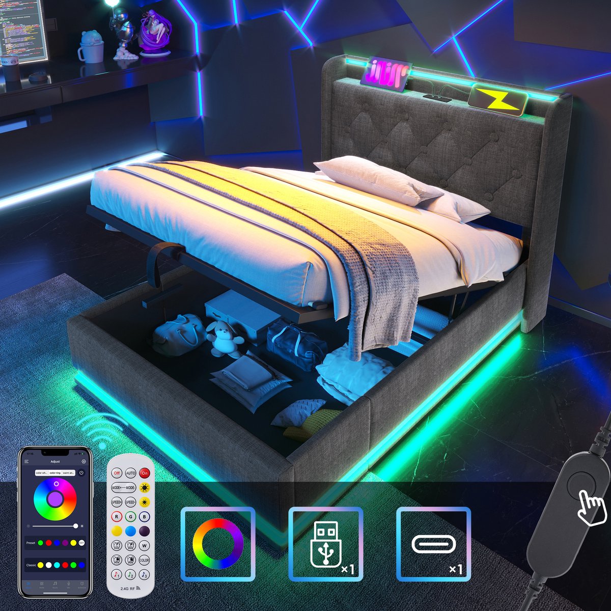 Eenpersoonsbed 90x200 cm - Gestoffeerd Bed Met 360° LED En USB-C En Hydraulische Opbergrui