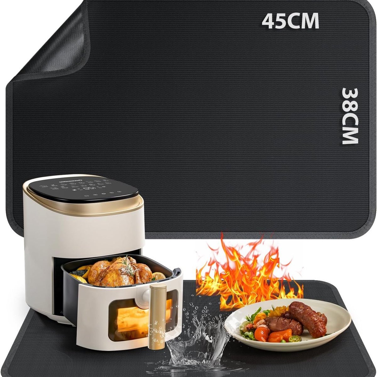 Vuurvaste onderlegger - Hittebestendige mat - 45×38cm - hittebeschermingsmat - antislipglasvezel-siliconen brandwerende mat - voor tafelblad - voor luchtfriteuse, magnetron, keukenwerkblad - zwart — afbeelding 2