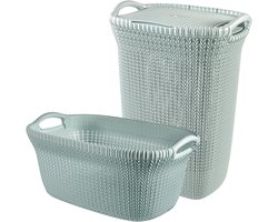 Curver Knit Wasmand met deksel 57L + Wasmand 40L - Blauw/Grijs