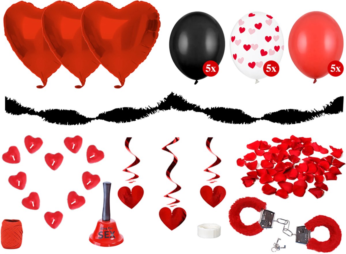 Feest zonder Fratsen - Valentijn Versiering Pakket – Hartjes Ballonnen – Rood, Zwart & Sexy