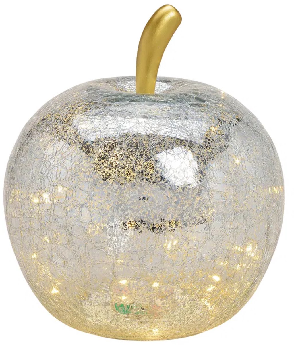 Grote appel met 40 LED's, met timer, gemaakt van zilverglas (B/H/D) 27x30x27cm