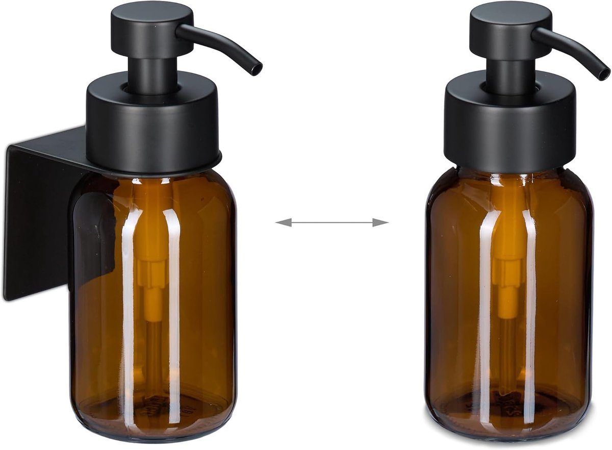 Famanu – Zeepdispenser wandmontage 250 ml – bruin glas – RVS – hangende zeeppomp – zonder boren – bruin/zwart