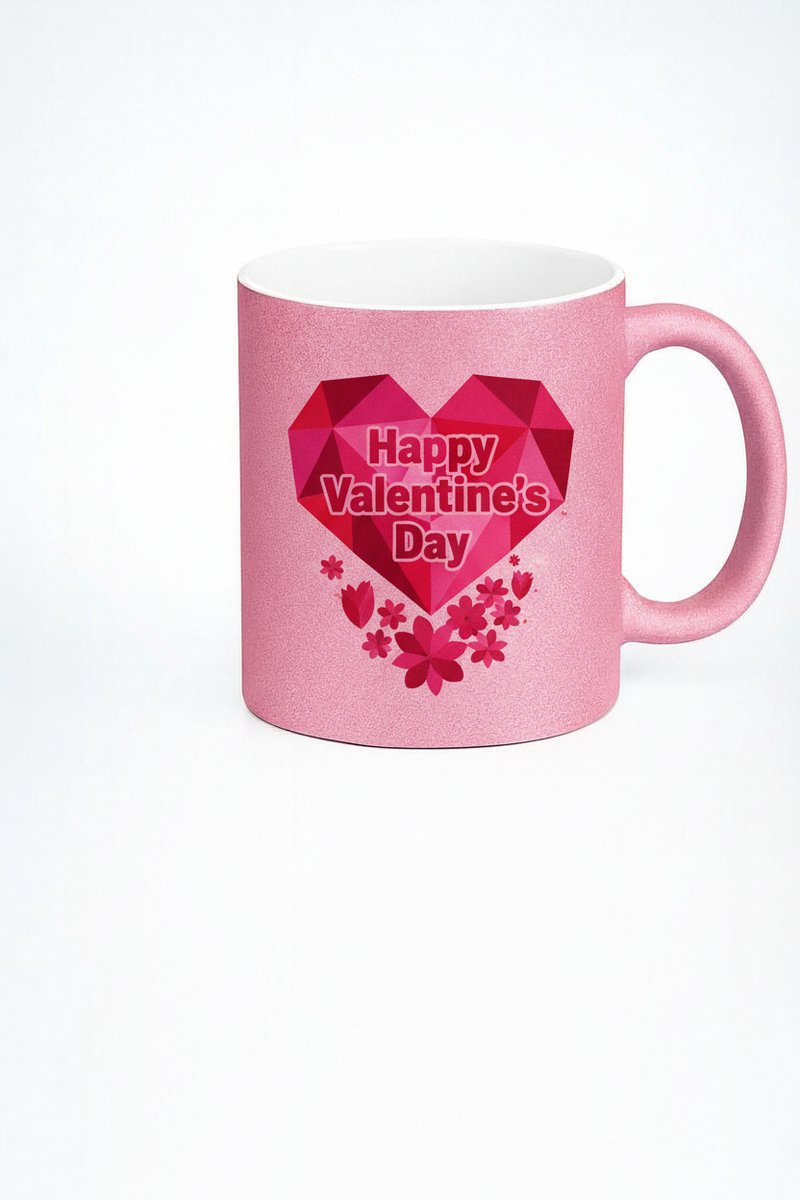 Roze Glitter Valentijnsdag Mok 'Happy Valentine's Day' met Geometrisch Hart