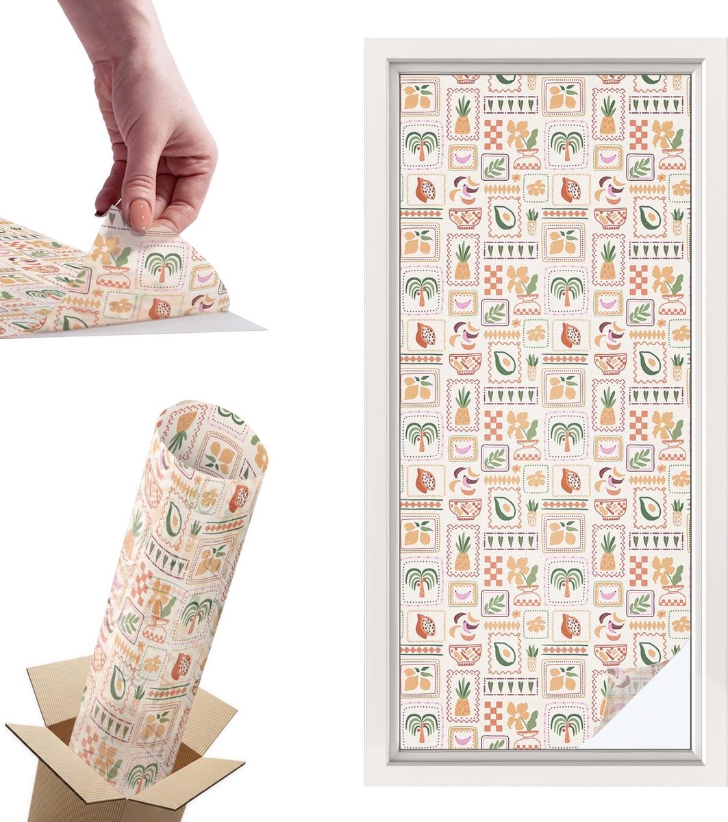 TULUP Raamfolie Anti inkijk - Folkloristische patronen Privacy Folie Raam - 50x116 cm - Beige Anti inkijk Folie - Raamfolie Tegen inkijk Glas in Lood - Voor de keuken, hal en woonkamer - Raamfolie Zonwering Beige - Folkloristische patronen