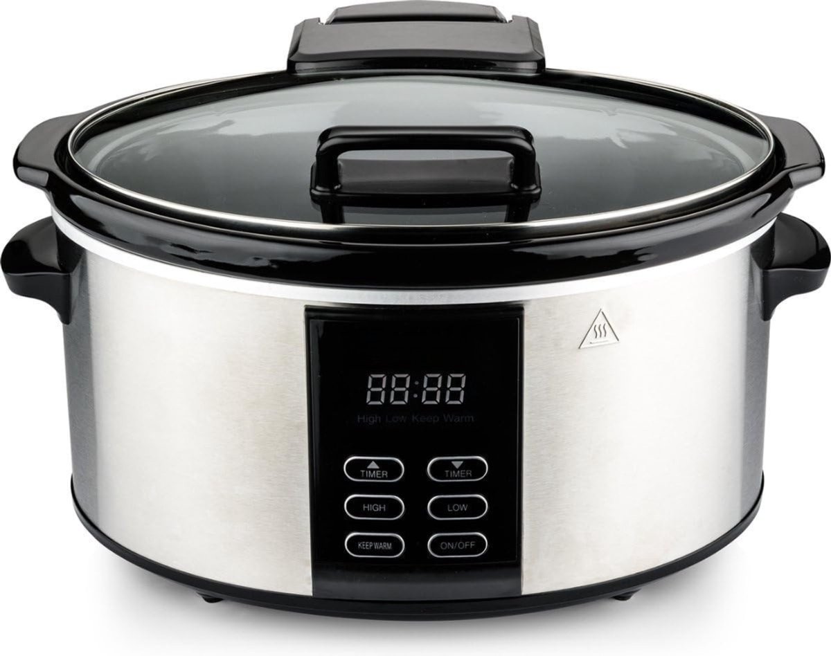 Quvo® Slowcooker met Timer - Crockpot - Stoompan - Inclusief Warmhoudfunctie - 6 Liter - Roestvrij staal - Zwart - 40cm x 32cm x 24cm