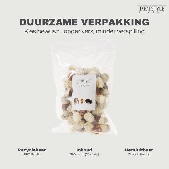 Zak PETSTYLE LIVING met 25 geknoopte hondensnacks van 7,5 cm. Herbruikbare, hersluitbare verpakking.