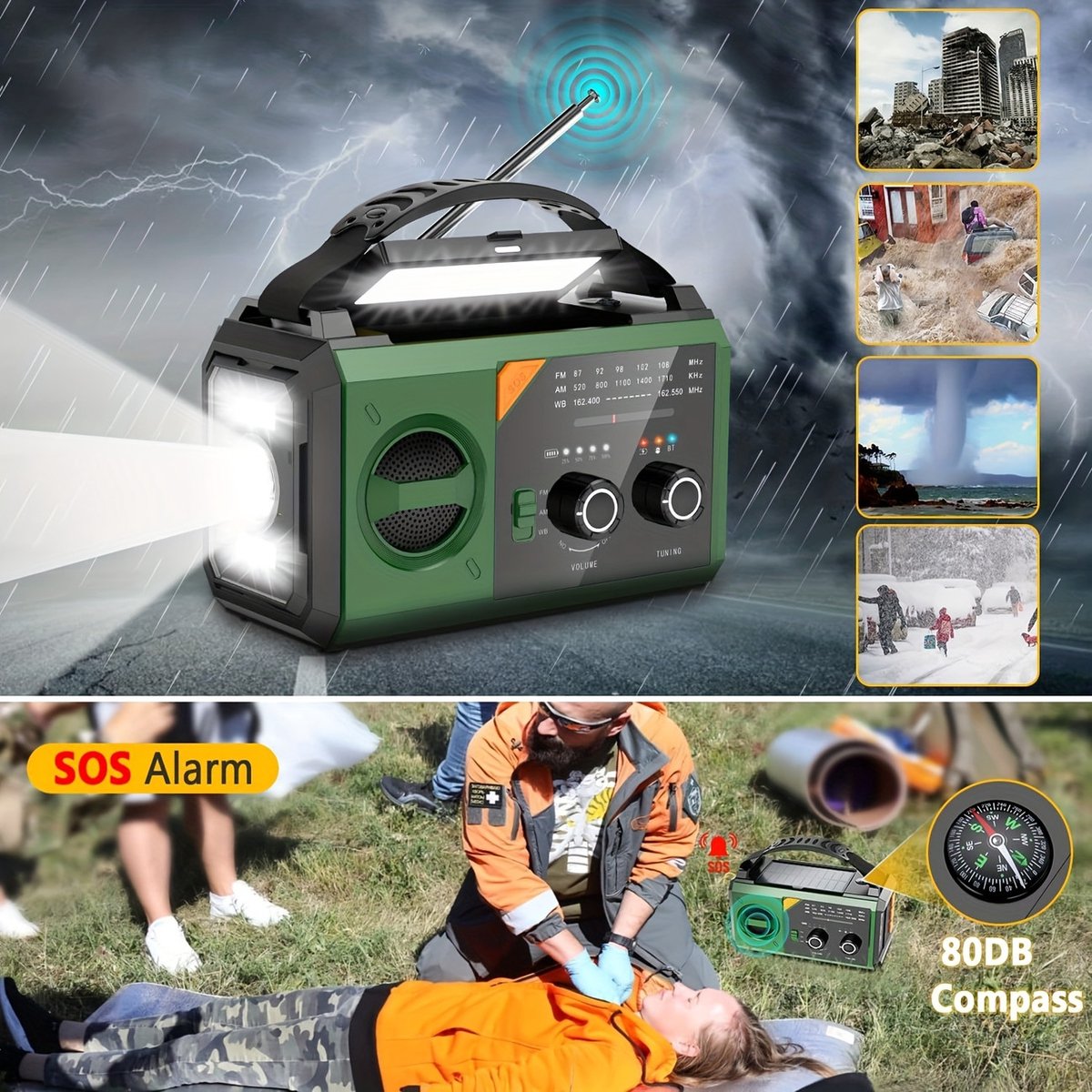 Handcrank Noodradio – AM/FM Draagbare Radio met Zonne- & Handkruk Opladen – 2000mAh Powerbank, LED Zaklamp & USB Oplader – Voor Kamperen, Klimmen en Noodsituaties – foto 7
