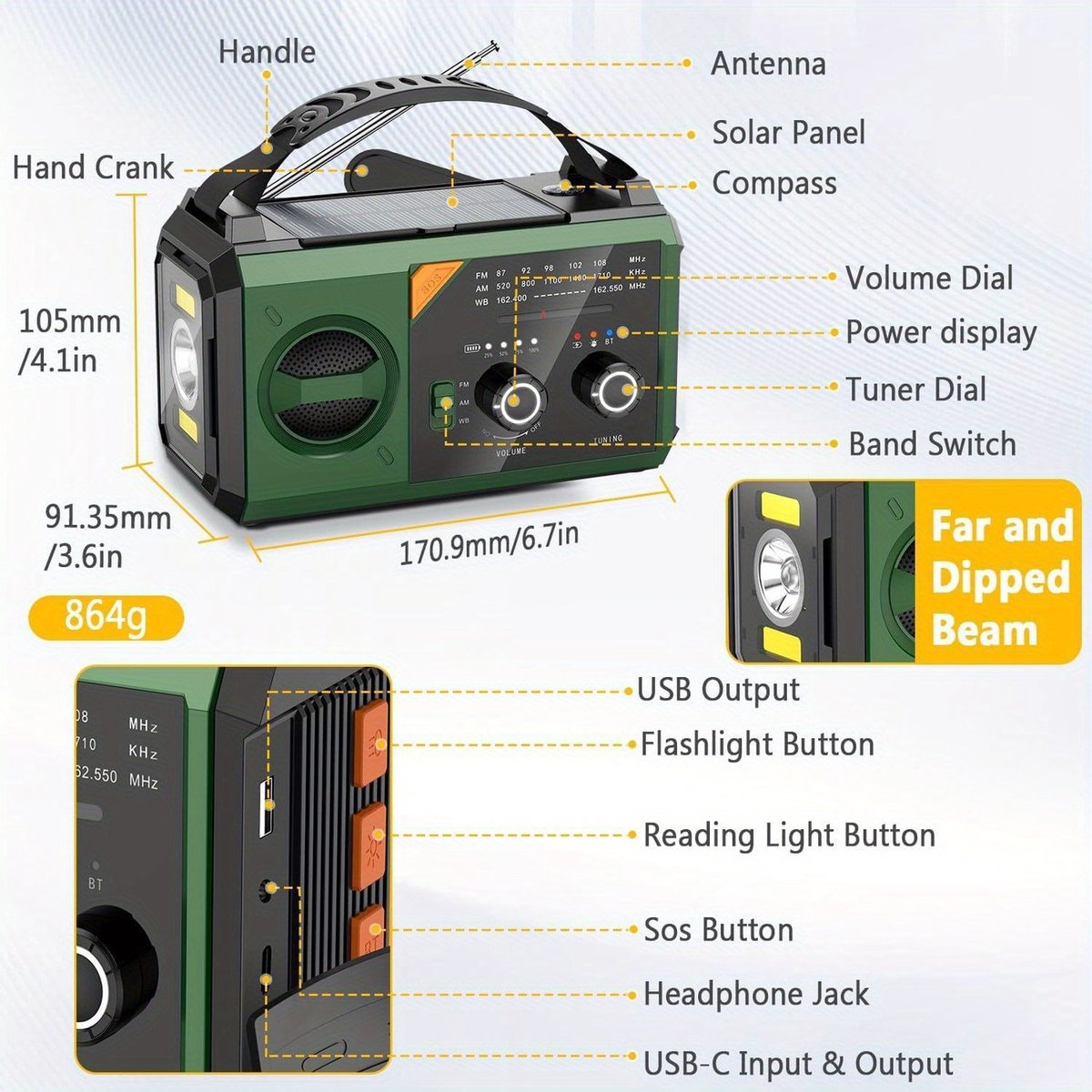 Handcrank Noodradio – AM/FM Draagbare Radio met Zonne- & Handkruk Opladen – 2000mAh Powerbank, LED Zaklamp & USB Oplader – Voor Kamperen, Klimmen en Noodsituaties – foto 2