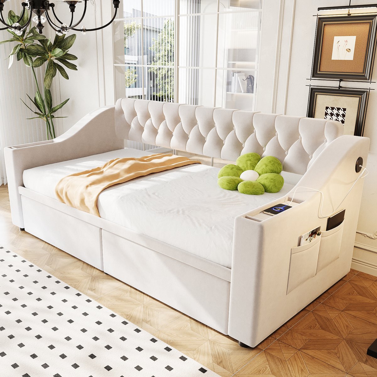 OKWISH Gestoffeerd Slaapbank 90x190 cm - Met USB+Type-C Oplaadpoort - Met 2 Opberglades en Armleuningvakken - Fluweel - Beige - Zonder matras