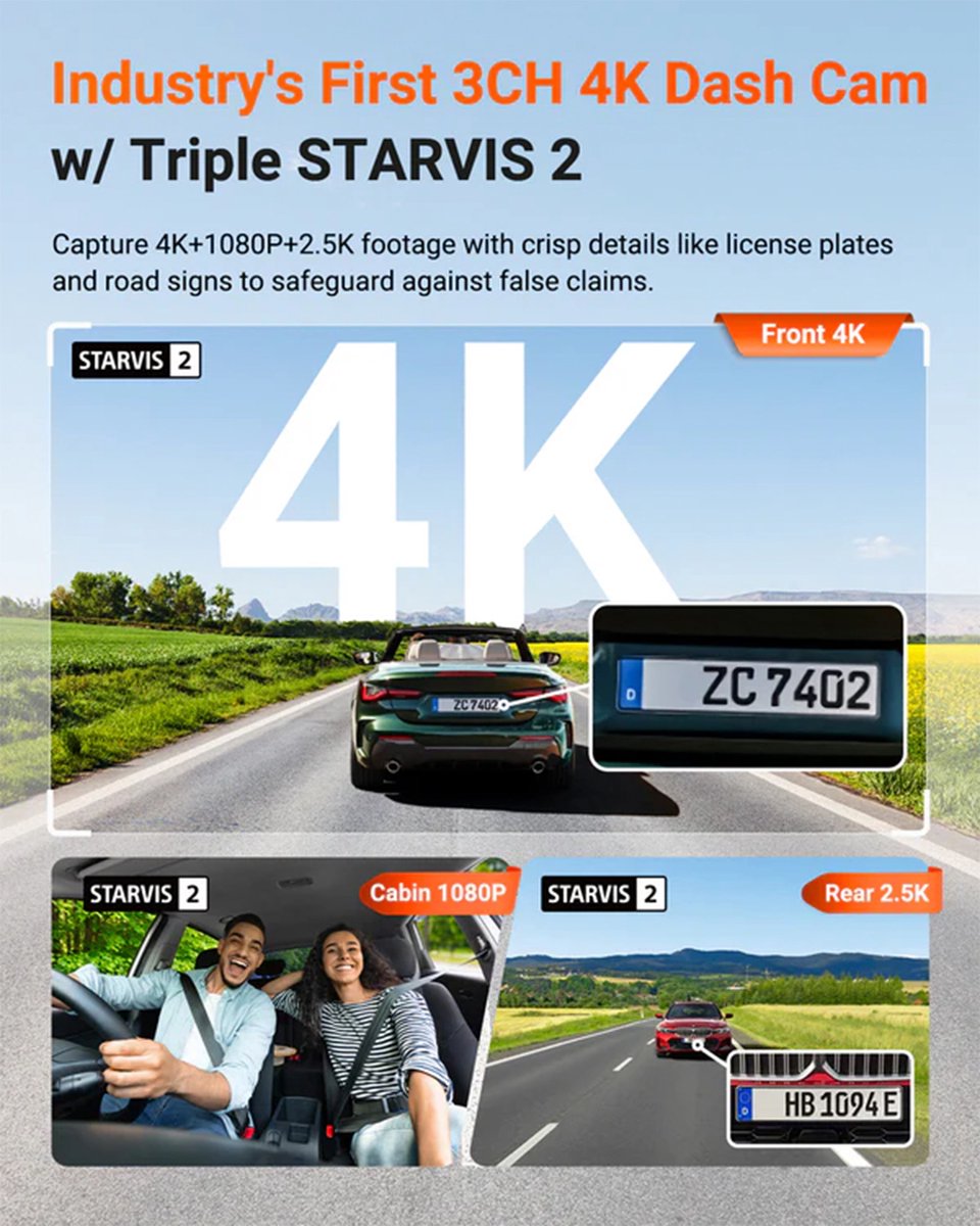VANTRUE N4 Pro S 4K dashcam voor de auto, 3-kanaals 4K + 1080P + 1440P met GPS, parkeerbewaking 24 uur, spraakbediening, IR-nachtzicht, LTE thumbnail 4