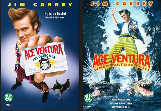 Jim Carrey als Ace Ventura, met krokodillen en tekst "Ace Ventura When Nature Calls".