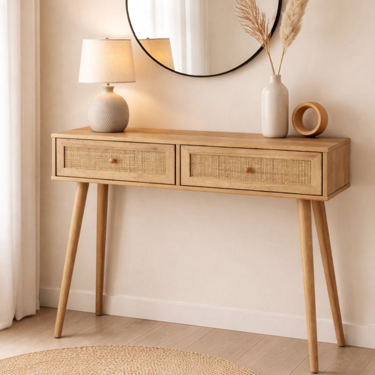 MISOU Bali Sidetable - Console tafel - Kaptafel - Make up tafel - Consoletafel - Haltafel - Woonkamer - Wandtafel - Rotan - Hout - Tafel - met Lades