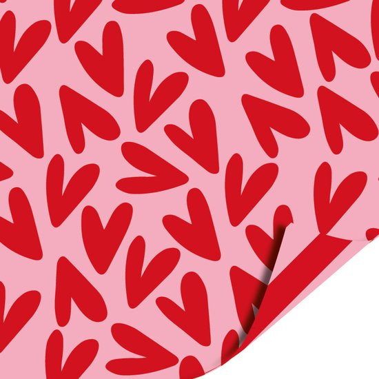 Het Inpakhuis - Cadeaupapier - Inpakpapier - Kadopapier - Valentijnsdag - Liefde - Hartjes - Lovely Hearts Roze Rood / Big Stripes Roze Rood - 50cm x 3m