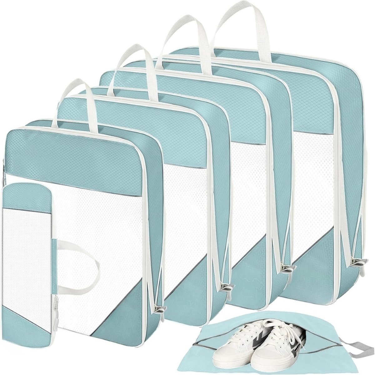 Famanu – 4 Set Packing Cubes Compressie - 300% Scheurbestendige Kledingtassen & Koffer Organizer Set - Gerecyclede Inpakkubussen en Bagage Organizers - Lichtgewicht Reis Verpakkingstassen(MarineBlauw)