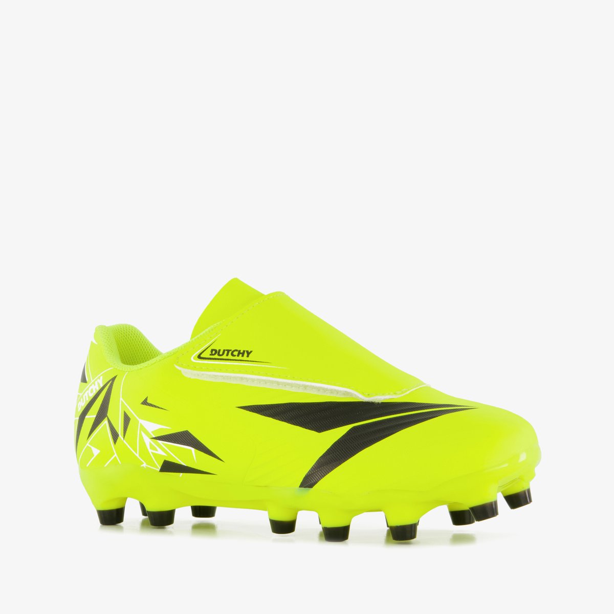 Geel-zwarte Dutchy FG voetbalschoenen voor kinderen, maat 26, met uitneembare zool en rubberen Firm Ground buitenzool.