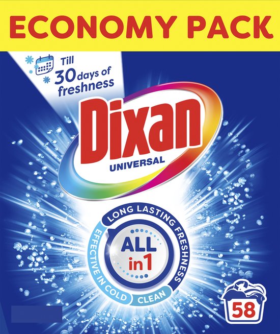 Poudre Dixan Universal, lot économique, 58 lavages, 30 jours de fraîcheur, efficace à froid.