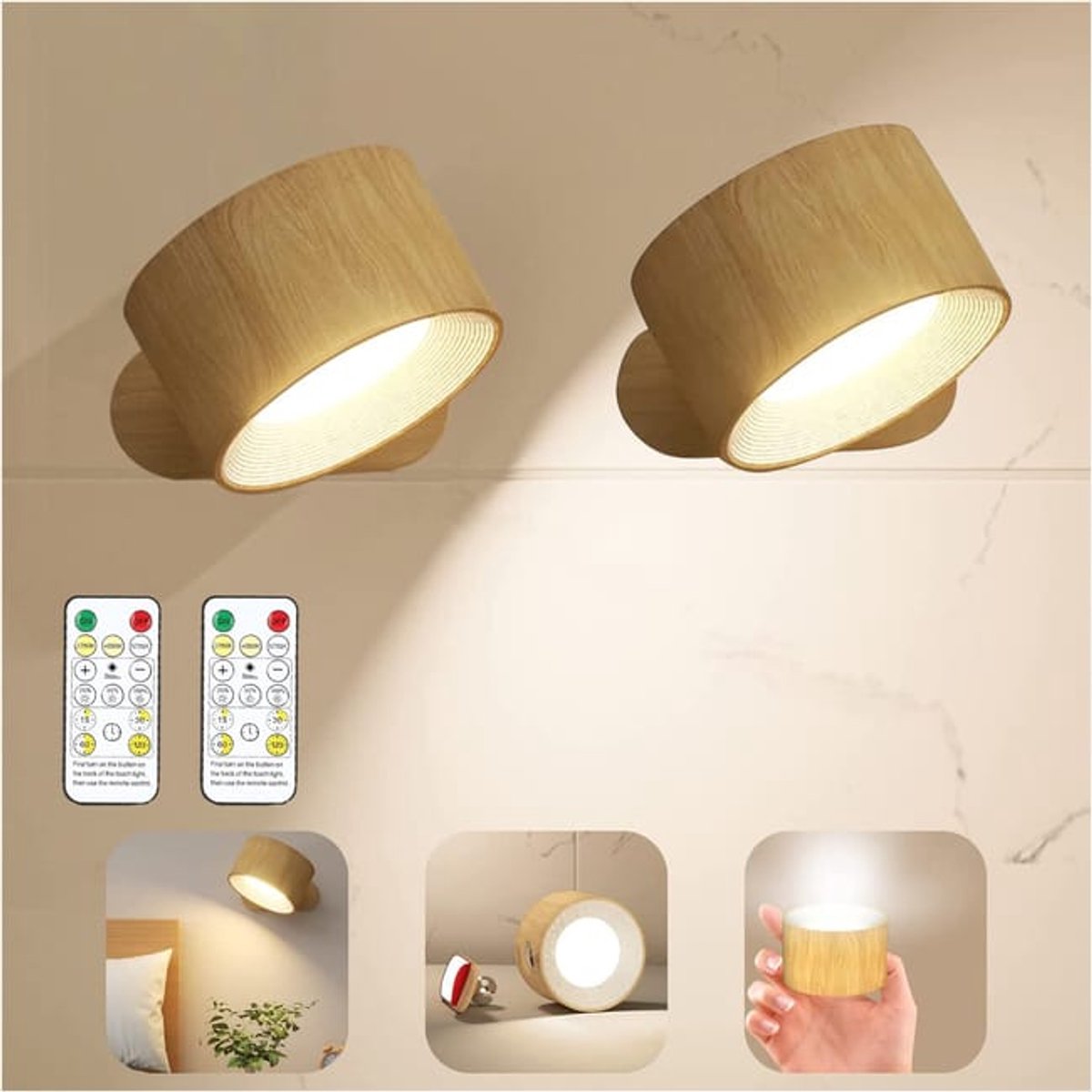 Twee LED-leeslampjes, een wandlamp met drie kleurtemperaturen, een afstandsbediening en een 360° draaibare magnetische bal.