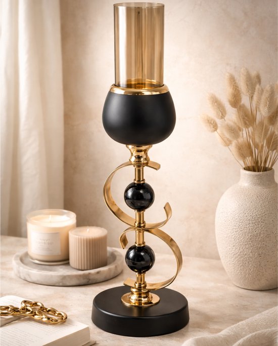 Luxe Porte-Chandelle Noir Or 43,5 cm – Chandelier Décoratif Moderne avec Verre – Porte-Chandelle de Table Debout pour Salon, Table à Manger ou Commode – Porte-Lumignon Design en Style Hôtel Chic pour Éclairage d'Ambiance et Décoration Intérieure