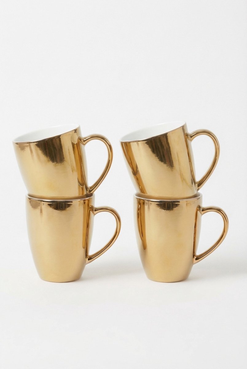vtwonen XL Mokken met oor - Set van 4 - Goud - Porselein - 400ml