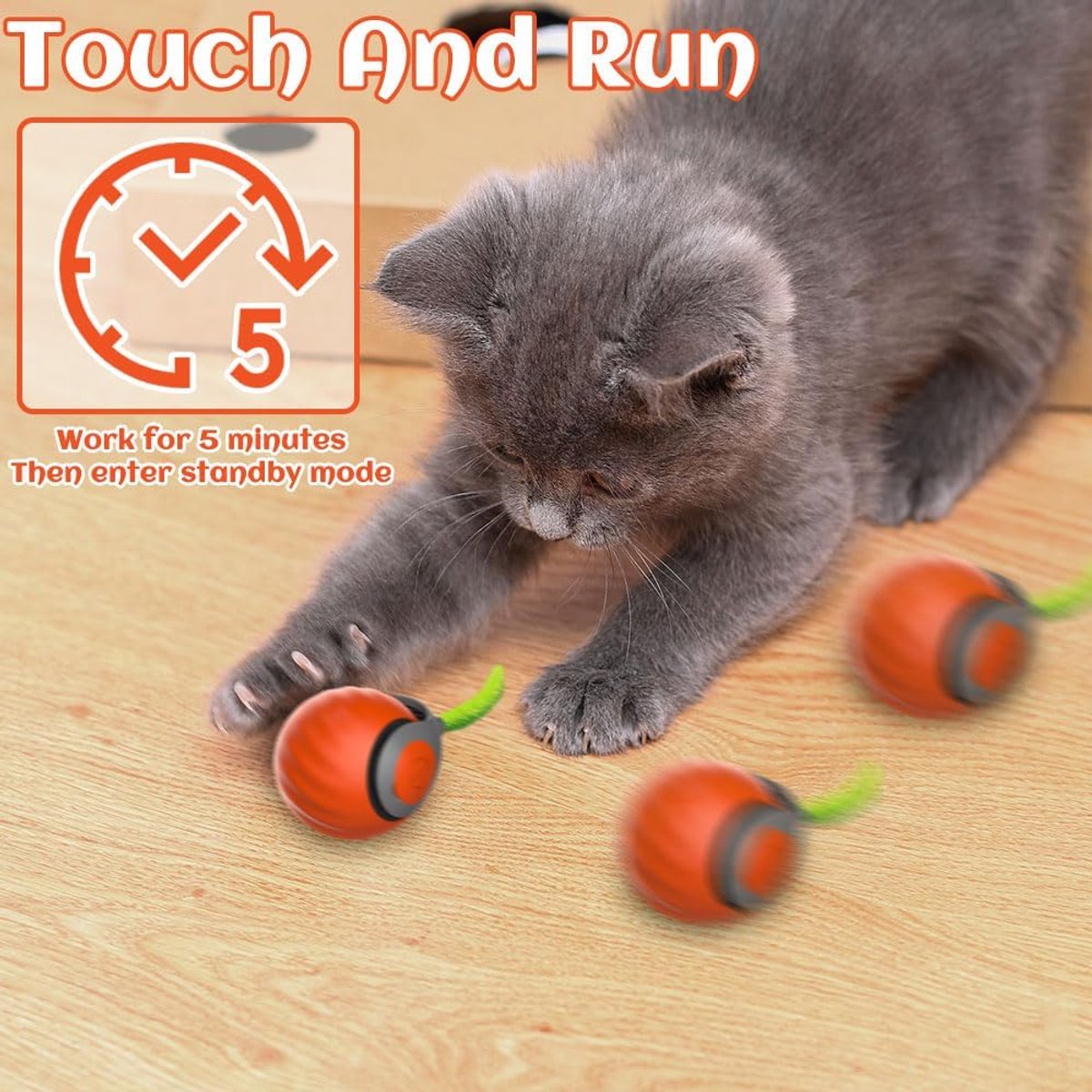2 stuks Interactieve katten speel goedbal - Met vervangende veren - Kattenspeelgoed Interactief - Automatisch bewegende bal - automatische kattenbal met staart - Hondenspeelgoed - Oplaadbaar - Geschikt Voor Katten en Kleine Honden - blauw + oranje — afbeelding 3