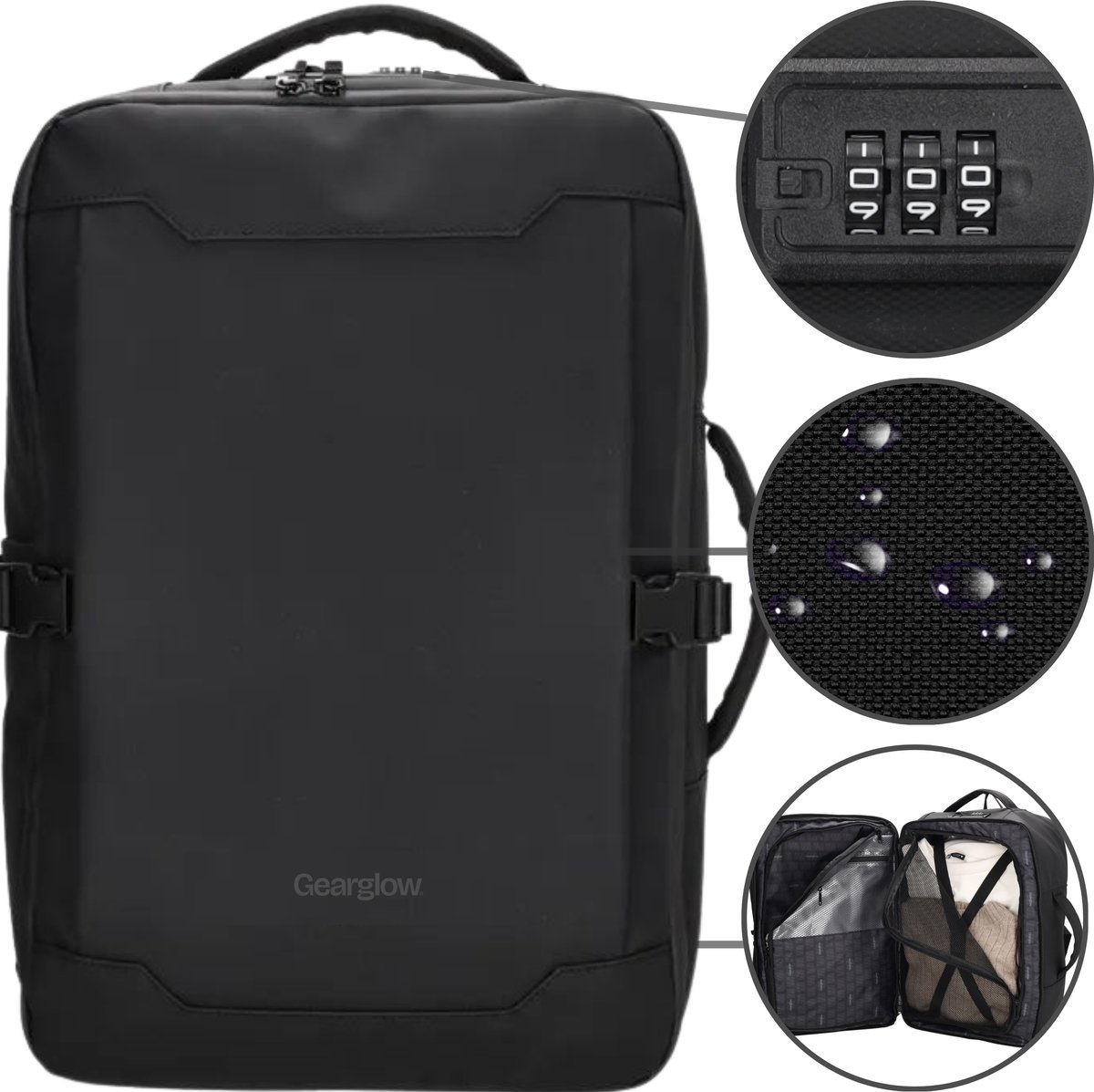 GearGlow Handbagage 40x30x20 Rugzak met Cijferslot - Zwart - Regenbestendige Reistas - Underseater