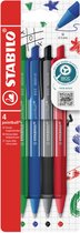 Verpakking met vier STABILO pointball pennen in groen, blauw, grijs en rood.