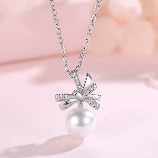 ASTRADAVI S925 Argent Sterling - Coffret Cadeau Bijoux - Magnifique collier pendentif en forme de nœud orné d'une perle et de zircon - avec Boucles d'oreilles Assorties