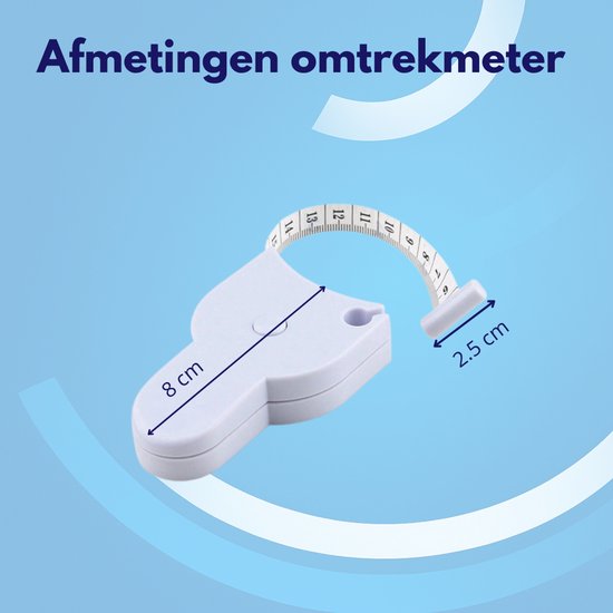 Witte omtrekmeter met uitgerold meetlint, metingen van 8 cm en 2,5 cm aangegeven.