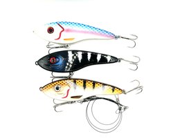 TopVisShop Jerkbait Trio Set – 3 Jerkbaits 14 cm / 55 g + 3 RVS Onderlijnen 25 cm – Roofvis & Snoek Kunstaas