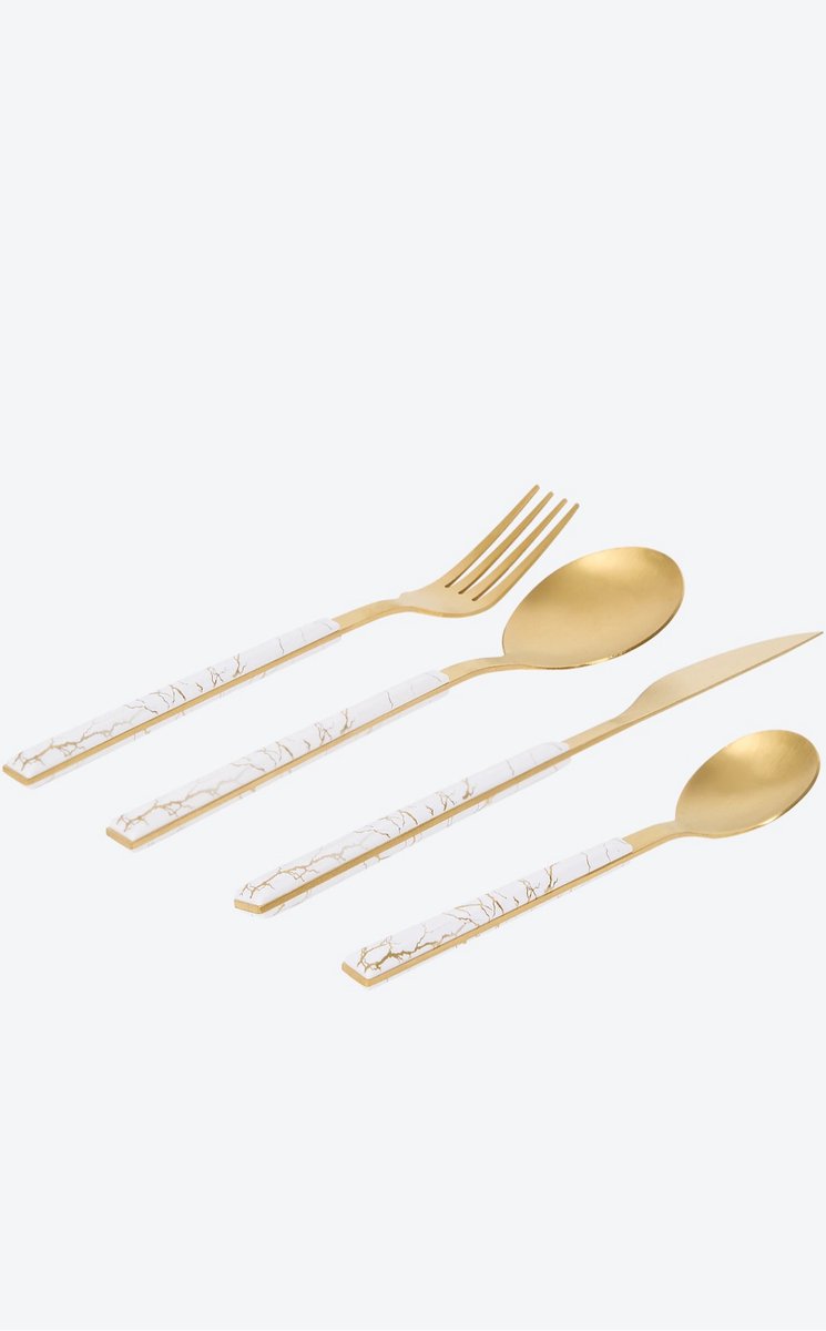 Goudkleurige Bestekset – 16-delig – Luxe Marmer Handvat – Mes, Vork, Lepel & Theelepel